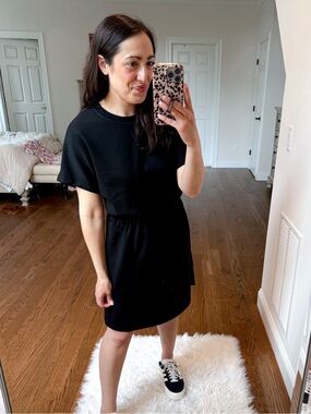 Black Short-Sleeve Mini Dress with Elastic Waist